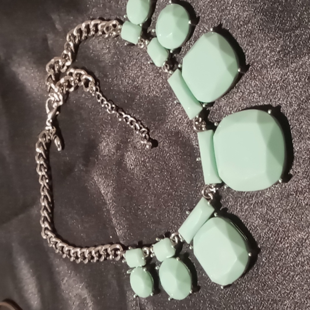 Charming Charlie collar necklace teal resin gems stainless Chunky chain